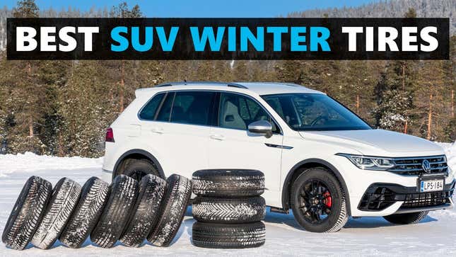 Winter-SUV-Reifen aufgereiht im Schnee vor einem Volkswagen Tiguan R